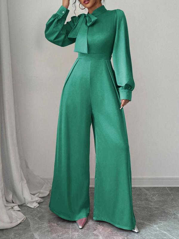 Women's Plain Tie Front Bishop Sleeve Wide Leg Jumpsuit, Elegant Long Sleeve Zipper Jumpsuit for Party Holiday Vacation, Ladies Spring & Fall Clothes