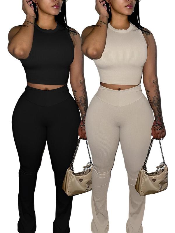 Women's Solid Crop Tank Top & High Waist Pants Set, Casual Fashion Cozy Ribbed Two Piece Outfits For Daily Wear, Back To School Outfits, Two Piece Set Women, Ladies Fall Clothes