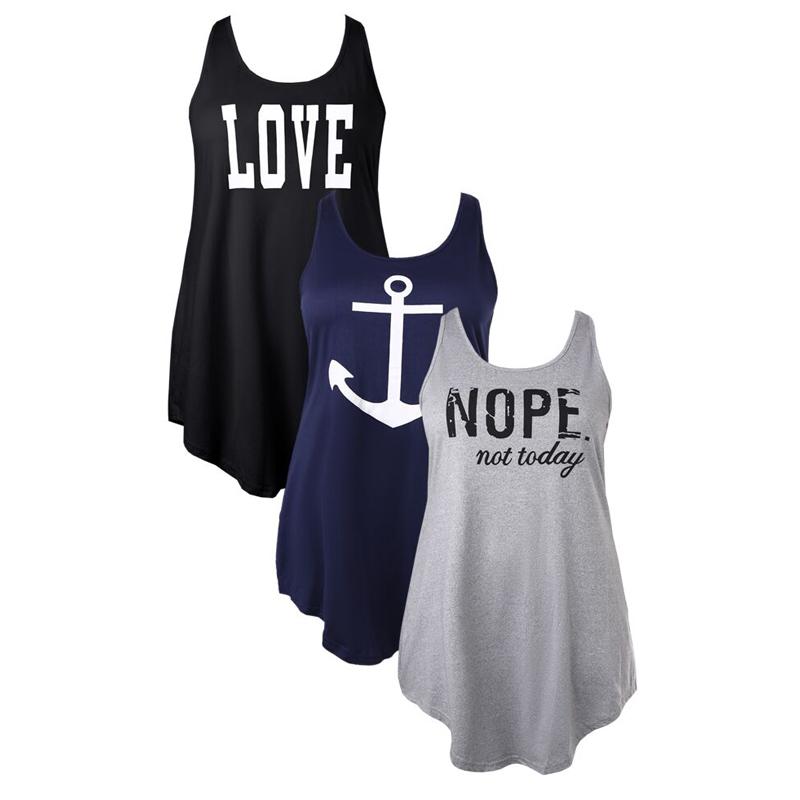 ChicMe Women's 3 Piece Plus Size Anchor Love Nope Not Today Print Nightgowns Tank Sleep Racerback Sleeveless Sleepwear