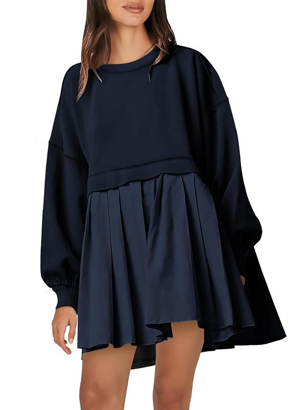  Solid Color 2 in 1 Pleated Smock Dress, Casual Drop Shoulder Long Sleeve Short Dress for Fall & Winter, Women's Casual Wear Clothes for Daily Wear