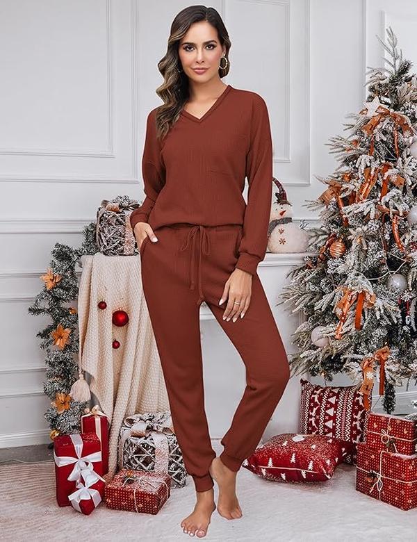 Womens Two Piece Outfits Lounge Sets Waffle Knit Long Sleeve Pullover Tops and Jogger Sweatpants Tracksuits 2024 Fall