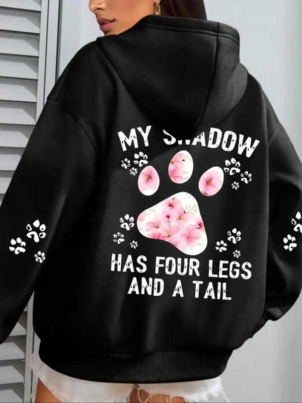  Cartoon Paw Print Drop Shoulder Hoodie, Fashion Casual Letter Print Kangaroo Pocket Hooded Sweatshirt for Daily Holiday Outdoor Wear, Women Clothing for Fall & Winter