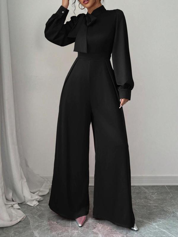 Women's Plain Tie Front Bishop Sleeve Wide Leg Jumpsuit, Elegant Long Sleeve Zipper Jumpsuit for Party Holiday Vacation, Ladies Spring & Fall Clothes