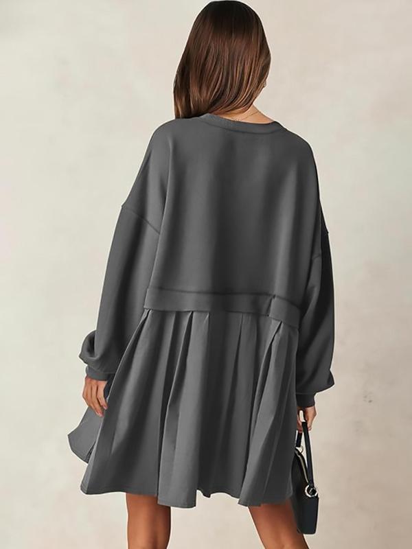  Solid Color 2 in 1 Pleated Smock Dress, Casual Drop Shoulder Long Sleeve Short Dress for Fall & Winter, Women's Casual Wear Clothes for Daily Wear