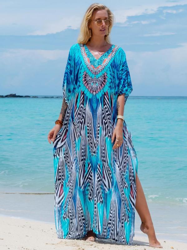 All Over Print Batwing Sleeve V Neck Maxi Dress,  Moo Moo Dress Summer Designer Clothes, Womenswear Boho Comfort Womenswear Half Sleeve Kaftan for Lady, Holiday Dresses, Clothing for Casual Wear Back To School Moo Moo Dresses