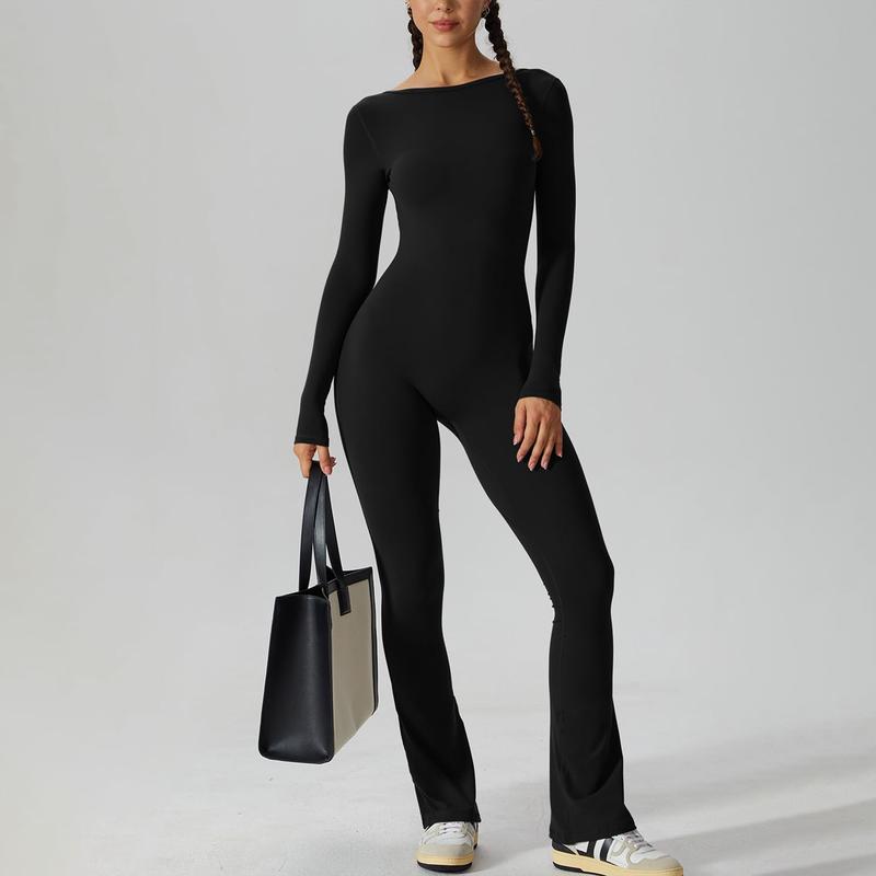 Women´s Flare Leg Rompers Long Sleeve Open Back Solid Color Jumpsuit Pants Playsuit Streetwear