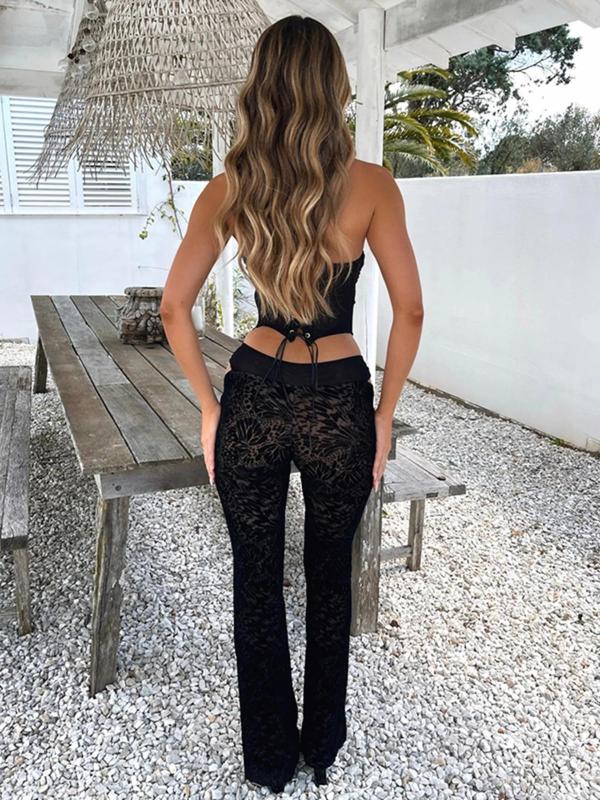 Two-Piece Set Women's Backless Lace Up Tube Top & Ring Linked Pants Set, Asymmetrical Hem Crop Top & Cut Out Trousers, Ladies Summer 90s Clothes