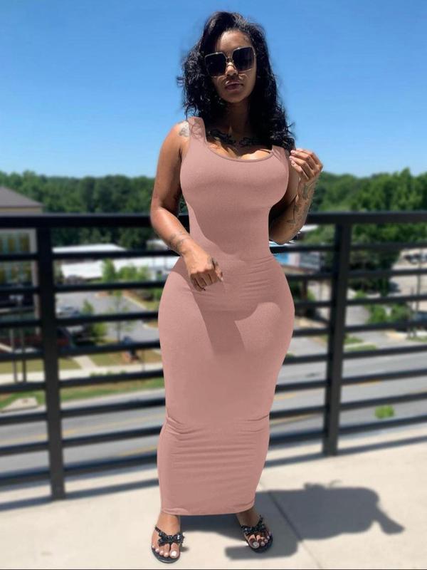 Women's Plain U Neck Bodycon Dress, Casual Womenswear, Basic Sleeveless Long Dress, Ladies Summer Clothes, Back To School Outfits, Dresses for Women Spring & Fall, Womenswear, Summer Dresses 2024, Fall Gift