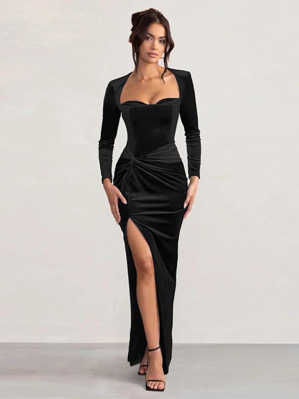 Women's Plain Ruched Split Thigh Velvet Bodycon Dress, Elegant Sweetheart Neck Long Sleeve Evening Party Gown, Ladies Fall & Winter Clothes