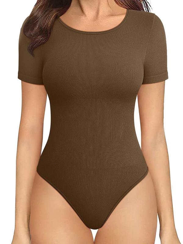  Solid Round Neck Bodysuit, Casual Short Sleeve Bodysuit for Summer, Women's Clothes for Daily Wear