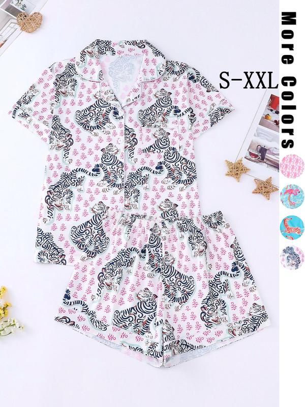 Women's Flamingo Print Lapel Neck Button Front Shirt & Elastic Waist Shorts Pyjama Two-piece Set, Casual Comfy Short Sleeve Pocket Top & Shorts PJ Set, Ladies Sleepwear for Fall