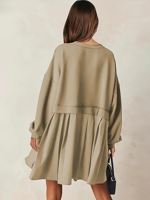  Solid Color 2 in 1 Pleated Smock Dress, Casual Drop Shoulder Long Sleeve Short Dress for Fall & Winter, Women's Casual Wear Clothes for Daily Wear