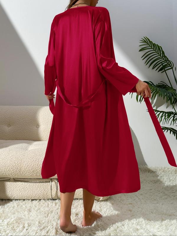 Two-piece Set Women's Solid Color Belted Lounge Robe & Cami Criss Cross Dress Satin Pajama Set, Long Sleeve Open Front Robe & Cami Sleep Dress, Pajama Sets Women, Women's Sleepwear for All Seasons