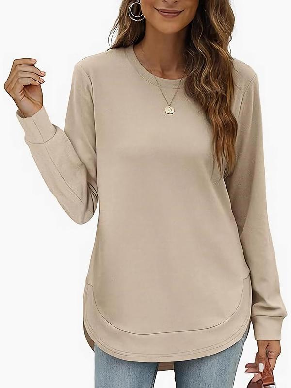 Women's Plain Round Neck Long Sleeve Tee, Casual Solid Crew Neck T-Shirt for Fall & Winter, Women's Top for Daily Wear