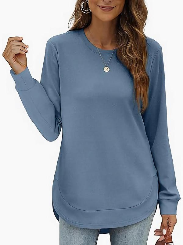 Women's Plain Round Neck Long Sleeve Tee, Casual Solid Crew Neck T-Shirt for Fall & Winter, Women's Top for Daily Wear