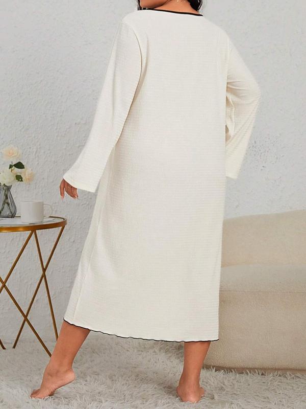  Contrast Binding Button Front Lounge Dress, Casual Long Sleeve V Neck Nightdress for Women, Women's Sleepwear for Spring & Fall