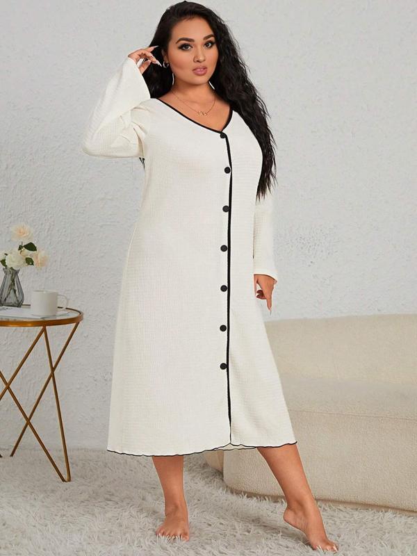  Contrast Binding Button Front Lounge Dress, Casual Long Sleeve V Neck Nightdress for Women, Women's Sleepwear for Spring & Fall