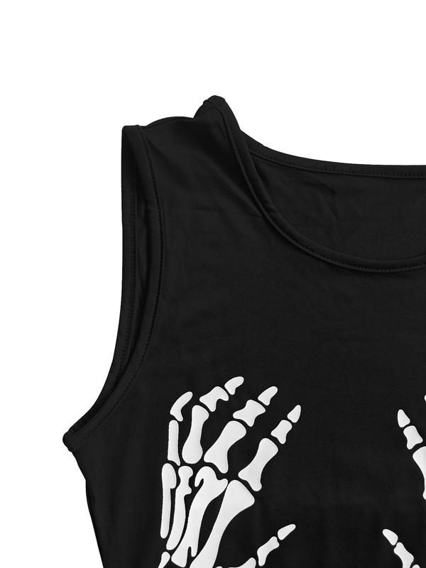 Women's Skeleton Hand Print Round Neck Tank Bodysuit, Casual Sleeveless Hook & Eye Closure Crotch Bodysuit for Summer, Ladies Clothes for Daily Wear