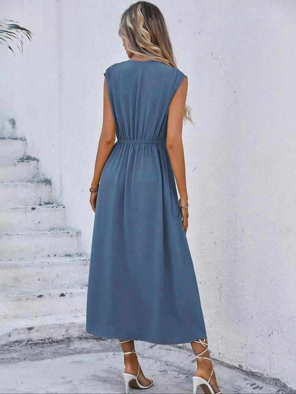 Women's Plain Twist Ribbon Tank Dress, Elegant Sleeveless Round Neck Midi Dress for Summer, Ladies Clothes for Beach Holiday, Summer Dresses 2024