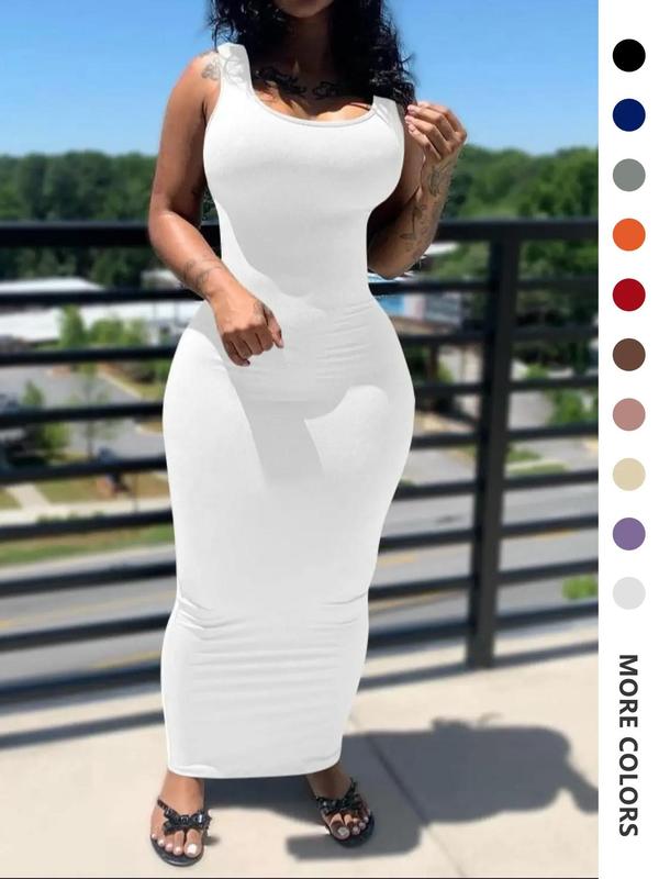 Women's Plain U Neck Bodycon Dress, Casual Womenswear, Basic Sleeveless Long Dress, Ladies Summer Clothes, Back To School Outfits, Dresses for Women Spring & Fall, Womenswear, Summer Dresses 2024, Fall Gift