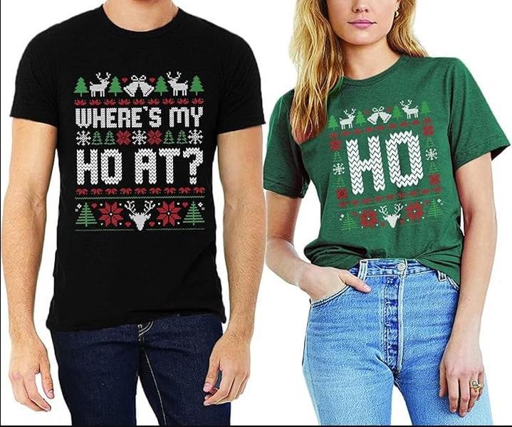 Funny Couples Ugly Christmas T-Shirt, Matching Couples Xmas Tee, Letter Print Holiday Shirt, Casual Short Sleeve Tops