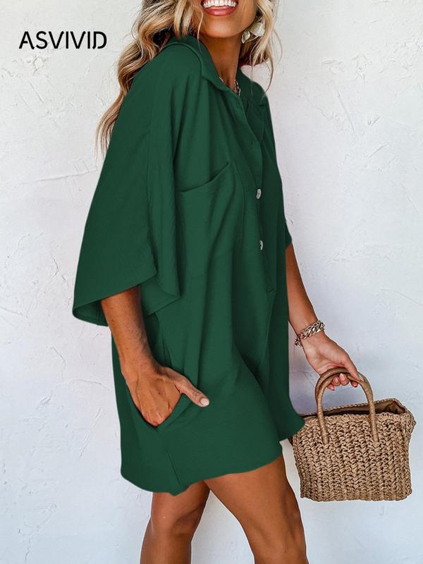 Women's Plain Pocket Button Front Shirt Romper, Casual Batwing Sleeve Collared Romper for Summer, Minimalist Basic Onesies, Fashion Women's Clothing for Daily Wear