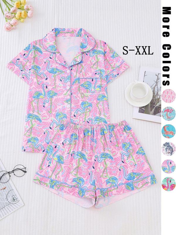 Women's Flamingo Print Lapel Neck Button Front Shirt & Elastic Waist Shorts Pyjama Two-piece Set, Casual Comfy Short Sleeve Pocket Top & Shorts PJ Set, Ladies Sleepwear for Fall