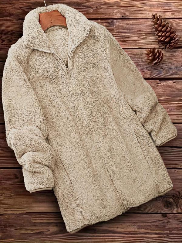 Women's Solid Long Sleeve Zip Up Fuzzy Coat, Casual Jackets, Mock Neck Outerwear for Fall, Ladies Clothes Winter Clothes Women for Daily Wear