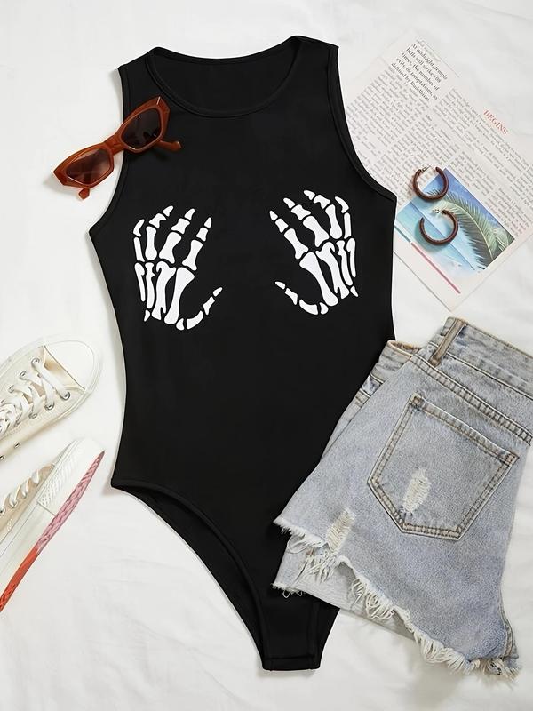 Women's Skeleton Hand Print Round Neck Tank Bodysuit, Casual Sleeveless Hook & Eye Closure Crotch Bodysuit for Summer, Ladies Clothes for Daily Wear