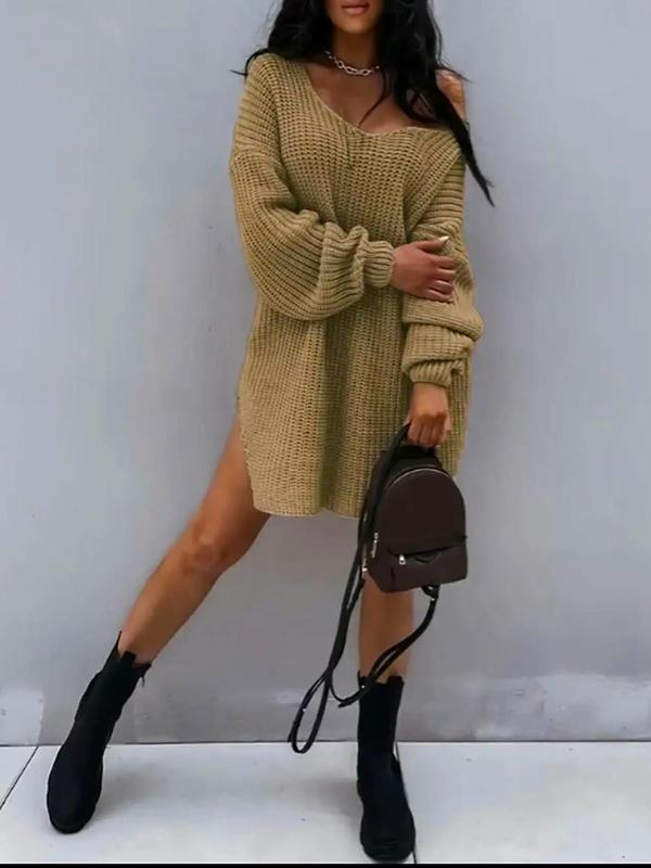 Women's Plain Batwing Sleeve V Neck Sweater Dress, Casual Long Sleeve Short Jumper Dress for Fall & Winter, Women's Knitwear for Daily Wear