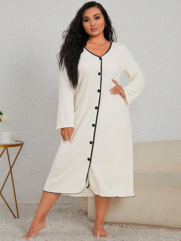  Contrast Binding Button Front Lounge Dress, Casual Long Sleeve V Neck Nightdress for Women, Women's Sleepwear for Spring & Fall