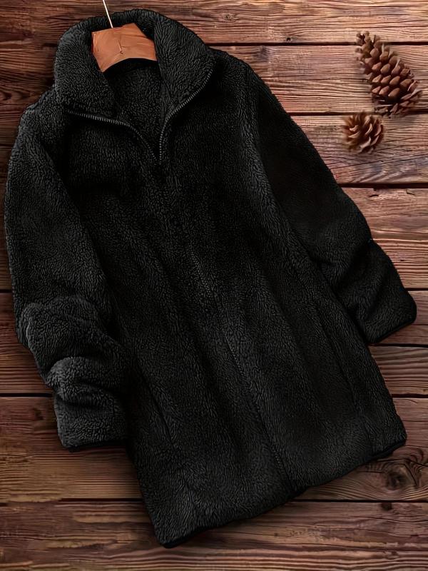 Women's Solid Long Sleeve Zip Up Fuzzy Coat, Casual Jackets, Mock Neck Outerwear for Fall, Ladies Clothes Winter Clothes Women for Daily Wear