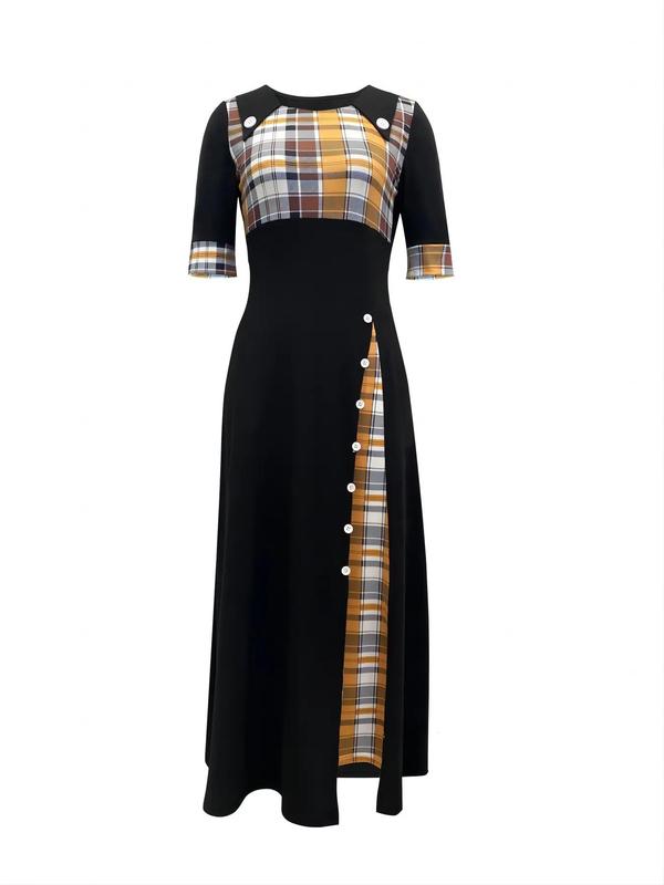 Women's Plaid Print Patchwork Fake Buttons Pocket A Line Dress, Casual Round  Neck Half Sleeve Long Dress for Spring & Fall, Women's Clothes for Daily Wear