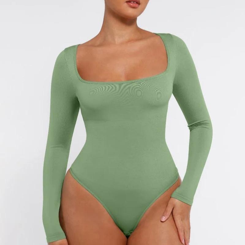 FeelinGirl Christmas Long Sleeve Bodysuit for Women Thong Body Suit Square Neck Shapewear 2024 Shirt Tops Soft Womenswear