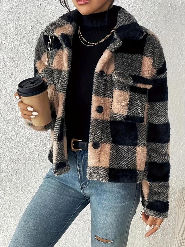 Women's Plaid Button Front Drop Shoulder Fuzzy Jacket, Casual Long Sleeve Collared Pocket Outerwear for Fall & Winter, Ladies Clothes for Daily Wear