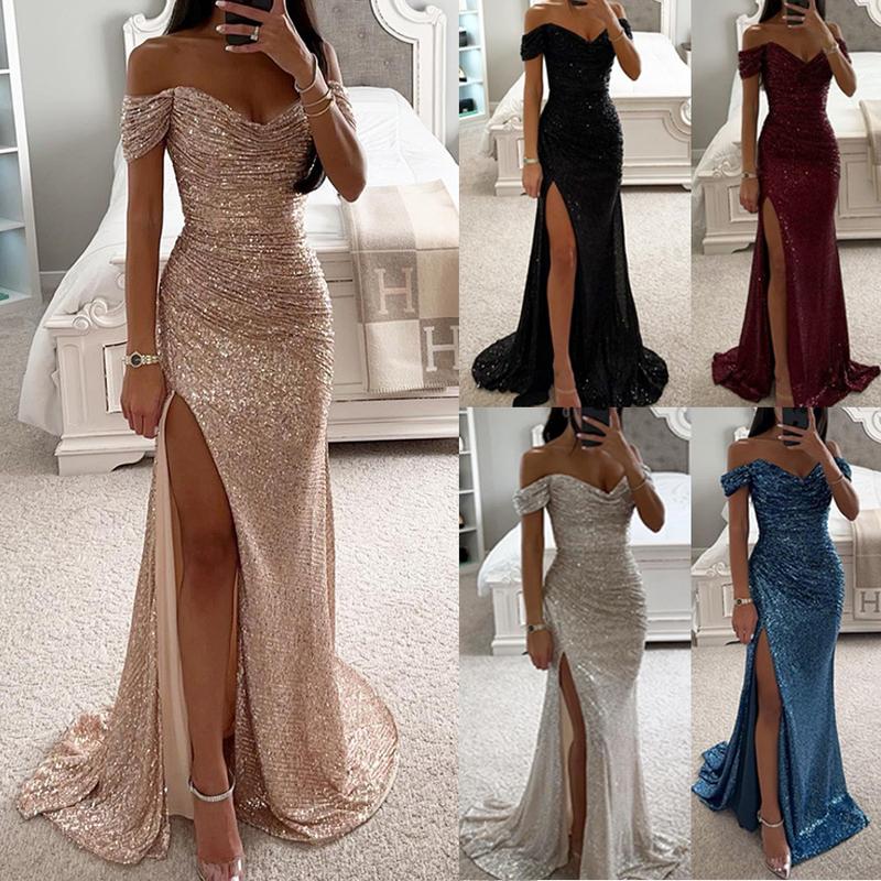 New Party Sequined off-Neck Split Dress Casual Fashion Dress Women