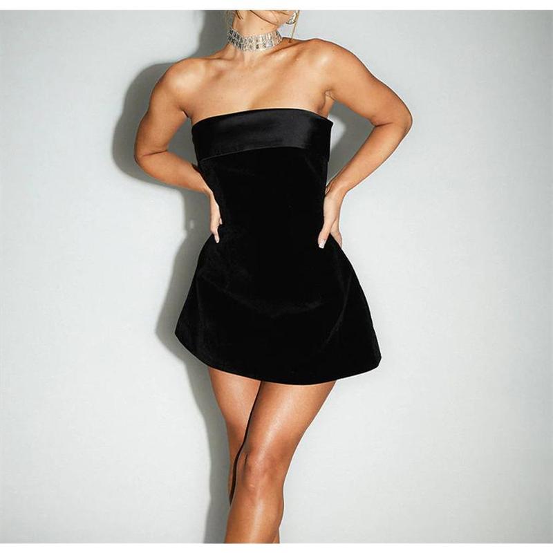 Women's Sexy Strapless Bodycon Mini Dress Women Elegant Velvet Satin Tube Mini Dress Velvet Off Shoulder A-Line Tube Top Dress Party Club Dresses Slim Flare Y2k Short Party Homecomming Dress