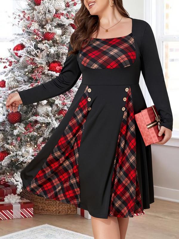  Women's Christmas Themed Patchwork Plaid Print A Line Dress, Retro Long Sleeve Square Neck Fake Buttons Decor Dress for Fall & Winter, Women's Clothes for Daily Vacation Party, Holiday Dresses