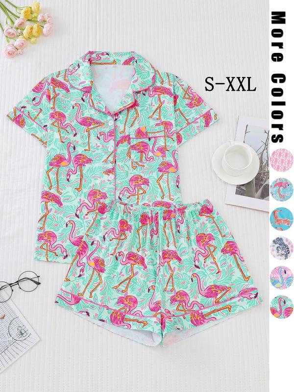 Women's Flamingo Print Lapel Neck Button Front Shirt & Elastic Waist Shorts Pyjama Two-piece Set, Casual Comfy Short Sleeve Pocket Top & Shorts PJ Set, Ladies Sleepwear for Fall