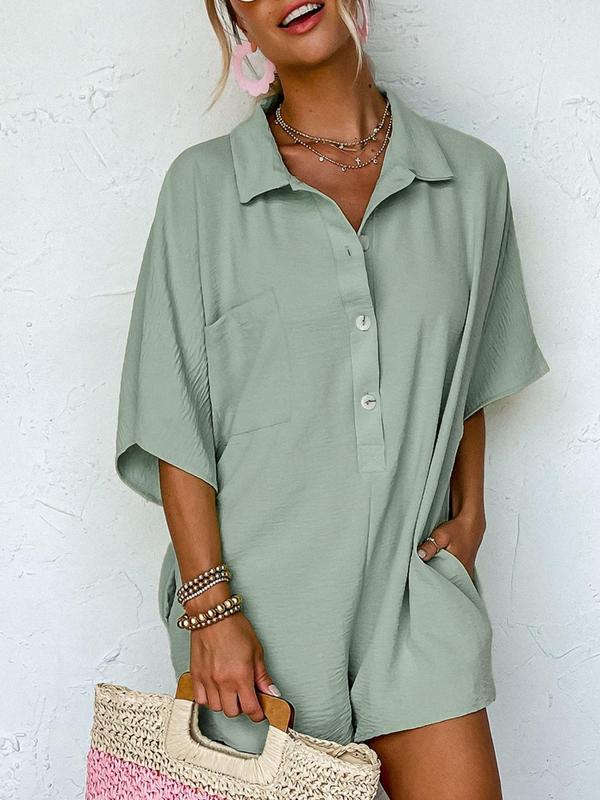 Women's Plain Pocket Button Front Shirt Romper, Casual Batwing Sleeve Collared Romper for Summer, Minimalist Basic Onesies, Fashion Women's Clothing for Daily Wear