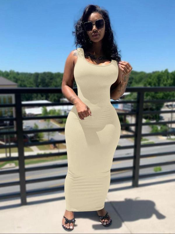 Women's Plain U Neck Bodycon Dress, Casual Womenswear, Basic Sleeveless Long Dress, Ladies Summer Clothes, Back To School Outfits, Dresses for Women Spring & Fall, Womenswear, Summer Dresses 2024, Fall Gift