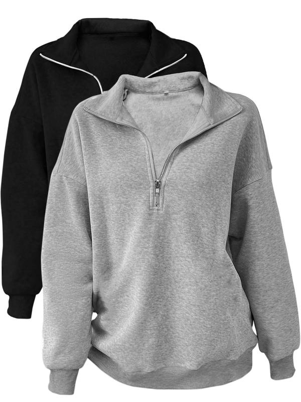 Women's Solid Thermal Lined Pullover Sweatshirt, Casual Long Sleeve Half Zip Sweatshirt for Fall & Winter, Women's Clothes for Daily Wear