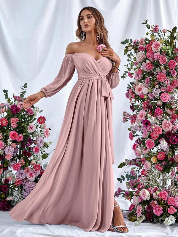 Women's Plain Ruched Belted Split Thigh Surplice Neck Chiffon Evening Dress, Elegant Formal Wear, Bishop Sleeve Off the Shoulder A Line Dress for Party & Banquet, Elegant Formal Dresses, Ladies's Clothes for All Seasons