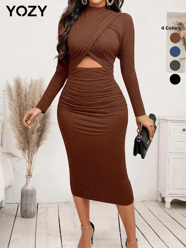 YOZY Christmas Deals, Women's Plain Cut Out Ruched Wrap Bodycon Dress, Elegant Long Sleeve Mock Neck Long Dress for Party Holiday Wedding Guest, Ladies Spring & Fall Clothes, Christmas 2024 Trend, Fall & Winter Clothes