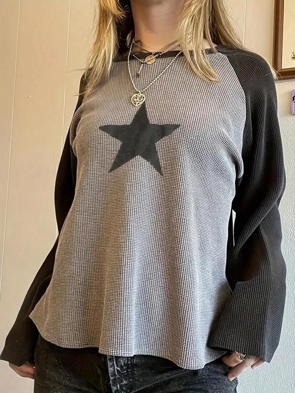 Women's Colorblock Star Print Raglan Sleeve Tee, Casual Long Sleeve Round Neck T-shirt for Spring & Fall, Women's Top for Daily Wear