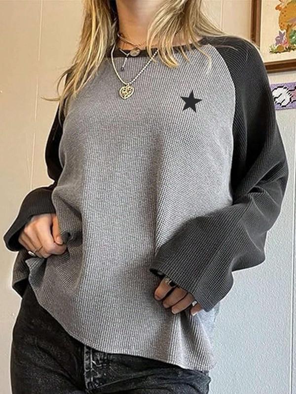 Women's Colorblock Star Print Raglan Sleeve Tee, Casual Long Sleeve Round Neck T-shirt for Spring & Fall, Women's Top for Daily Wear