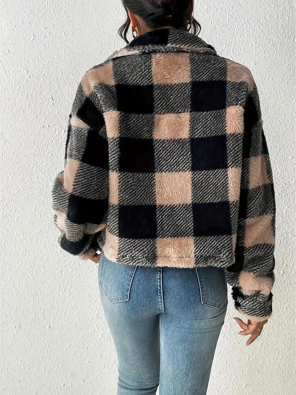 Women's Plaid Button Front Drop Shoulder Fuzzy Jacket, Casual Long Sleeve Collared Pocket Outerwear for Fall & Winter, Ladies Clothes for Daily Wear