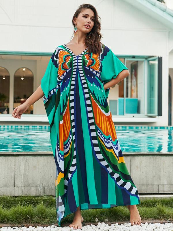 All Over Print Batwing Sleeve V Neck Maxi Dress,  Moo Moo Dress Summer Designer Clothes, Womenswear Boho Comfort Womenswear Half Sleeve Kaftan for Lady, Holiday Dresses, Clothing for Casual Wear Back To School Moo Moo Dresses