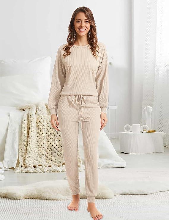 Womens Two Piece Outfits Lounge Sets Waffle Knit Long Sleeve Pullover Tops and Jogger Sweatpants Tracksuits 2024 Fall