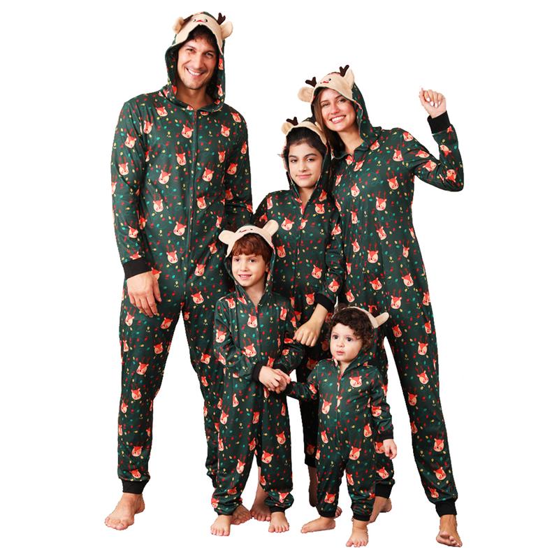 2024 New Family Christmas Pajamas, Long Sleeve Hooded Deer Print Zipper Closure Jumpsuit Loungewear Xmas Pj's Clothes Homewear Sleepwear Nightwear Bodysuit Womenswear Baby Pajama Set Womenswear Baby